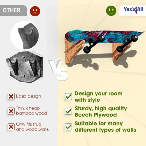 Miniatura 6 de Yes4All Estante único de madera para patineta, almacenamiento de longboard montado en la pared para decoración del hogar y organizador de garaje