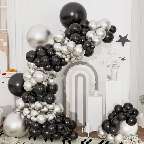 Miniatura 14 de Kit de arco de guirnalda de globos negros y dorados y plateados, 144 piezas de diferentes tamaños, decoraciones de Año Nuevo para Año Nuevo