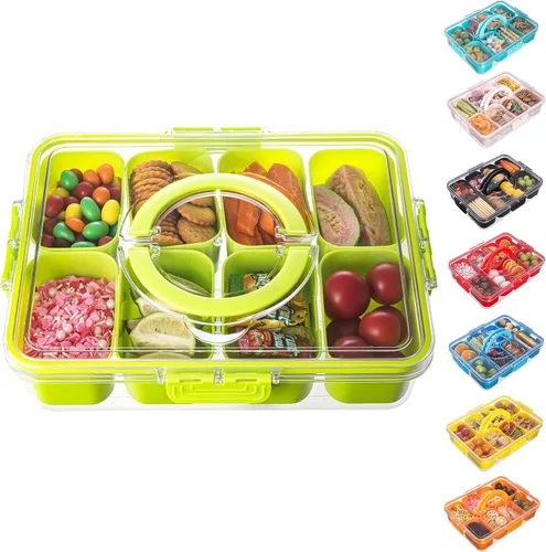Miniatura 17 de Dingerjar Bandeja dividida para servir con tapa y asa - Snackle Box Contenedor de charcutería para bandejas de aperitivos portátiles, organizador