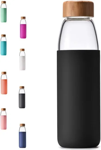 Miniatura 8 de Botellas de agua de vidrio de borosilicato de 25 onzas con tapa de bambú, sin BPA, funda de silicona antideslizante y tapa a prueba de fugas de Azul