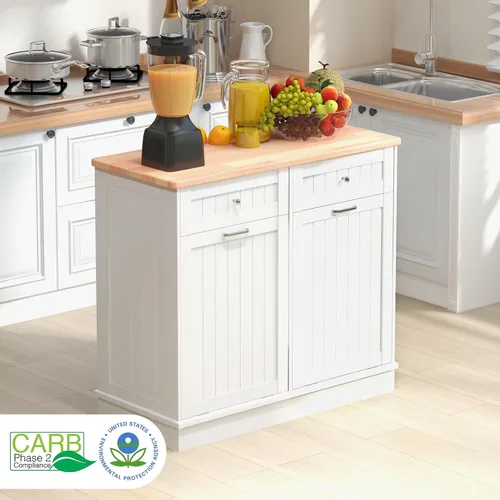 Miniatura 2 de TOLEAD - Armario de basura extraíble, isla de cocina estilo antiguo con tablero de perlas, superficie de madera maciza y cajón, contenedor de basura