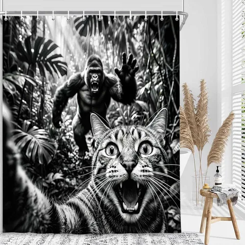 Divertida cortina de ducha con diseño de gato con gorila en la selva, decoración de baño de animales humorísticos en blanco y negro, juego de