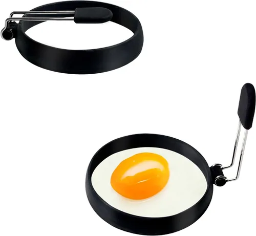 Paquete de 2 anillos de silicona antiadherentes negros para huevos, molde de huevo líquido mejorado a prueba de fugas, molde de huevo para freír
