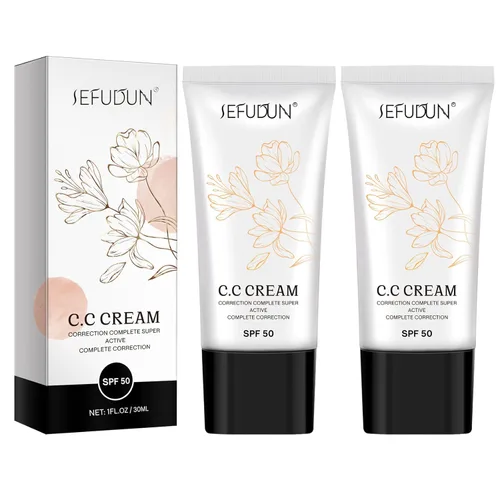 Base facial correctora de color, base de maquillaje de acabado natural para piel madura, fórmula hidratante avanzada con SPF 50, paquete de 2