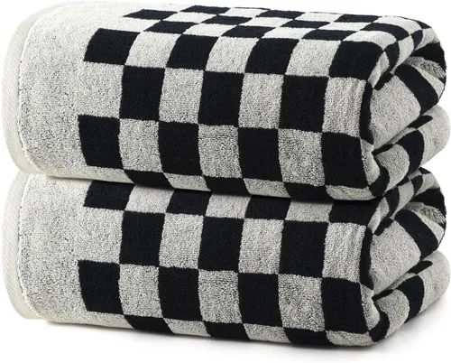 REDKISS Juego de 2 toallas de baño a cuadros en blanco y negro, 2 toallas de ducha grandes para decoración de baño, toallas de baño de algodón