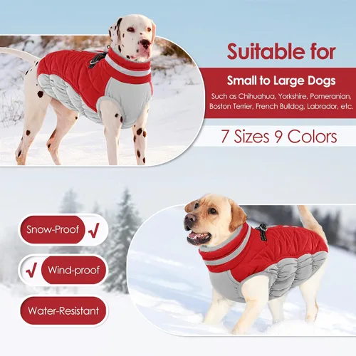 Miniatura 7 de AOFITEE Abrigo para perro, abrigo cálido de invierno para perros pequeños, chaqueta reflectante de cuello alto para perros con arnés integrado, Rojo