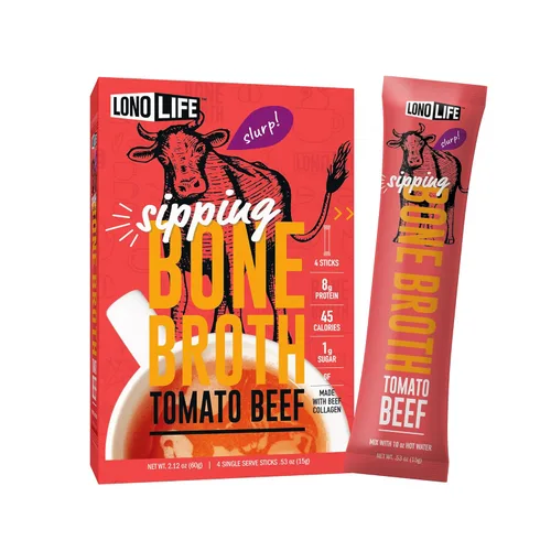 LonoLife Caldo de hueso de carne de tomate alimentado con pasto en polvo con 0.35 onzas de proteína, apto para paleo y keto, paquetes individuales