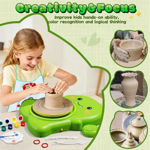 Miniatura 3 de Skirfy Mini Kit de Rueda de Alfarería para Principiantes Niños, Rueda Eléctrica de Cerámica con Pedal de Pie y Kit de Pintura, Velocidad Ajustable