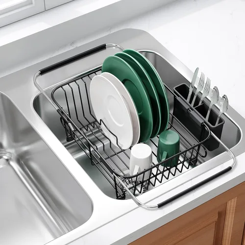 Miniatura 9 de JASIWAY - Escurridor extensible de acero inoxidable para usar sobre fregadero, encimera de cocina y dentro del fregadero, con portautensilios