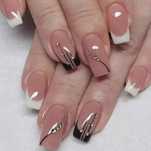 Miniatura 23 de 24 uñas postizas cuadradas de color negro brillante, de cobertura completa, con diseños de notas musicales, uñas postizas acrílicas con pegamento