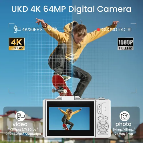 Miniatura 4 de Cámara digital 4K para fotografía, enfoque automático antivibraciones de 64 MP para YouTube, pantalla abatible de 180° de 3 pulgadas, cámara Blanco