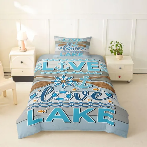Miniatura 43 de Erosebridal Lake House Twin Bed Set for Boys Girls Kids, Blue and Beige Lakehouse 2Pcs Duvet Cover with Zipper, Rustic Farmhouse Bedding Sets