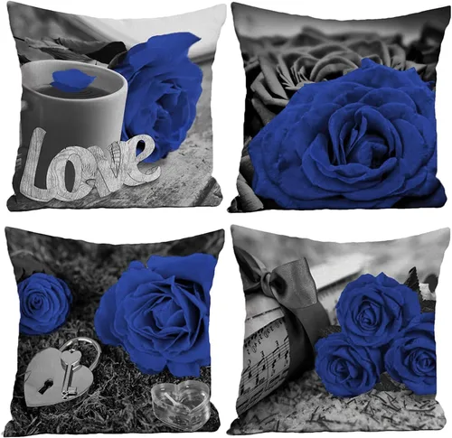 Juego de 4 fundas de almohada color azul oscuro para sofá de 18 x 18 pulgadas, fundas de almohada decorativas de flores azules, fundas de almohada