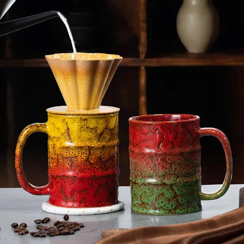 Miniatura 7 de Taza de café de cerámica marrón y amarilla de 20 onzas, grande, apta para lavavajillas y microondas, perfecta para la oficina y el hogar marrón