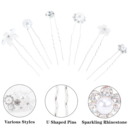 Miniatura 5 de CUBACO 42 horquillas para el cabello de boda con flores para mujeres, joyería de cristal para el cabello, pasadores de perlas de diamantes