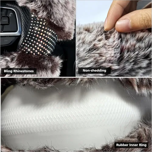 Miniatura 3 de KAFEEK Funda para volante de invierno esponjosa de 15 pulgadas, protector de volante de felpa suave con diamantes de imitación, cómoda y lujosa
