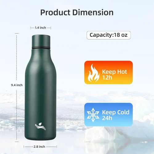 Miniatura 2 de Konokyo Botella de agua aislada con correa, botella de agua de acero inoxidable de 18 onzas de doble pared con aislamiento al vacío, frasco de Verde