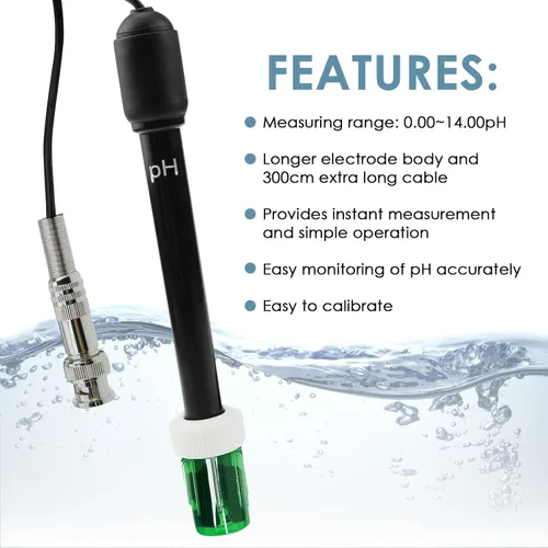 Miniatura 4 de Sonda de electrodo de pH 0-14, medidor de pH con conector BNC de repuesto y sensor de cable de 118.1 in para controlador de monitor de pH, kit