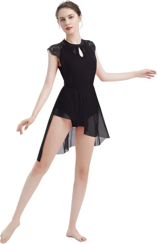 Miniatura 6 de ODASDO Elegante vestido de baile lírico para mujer, manga casquillo de encaje, falda de tul asimétrica, leotardo, disfraz contemporáneo, XS-XL