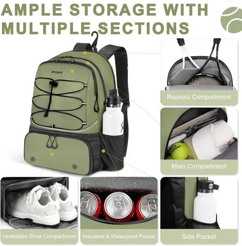 Miniatura 2 de Mochila de Tenis Arcoyard con Capacidad para 2 Raquetas, Bolsas de Tenis Profesionales para Mujeres, Mochila de Tenis con Compartimento Ventilado