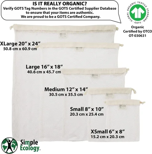 Miniatura 2 de Simple Ecology Bolsa de lavandería de malla de algodón orgánico; bolsas de lavado a máquina para delicadas, lencería y prendas, tamaño XS, paquete