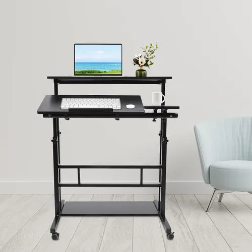 Miniatura 4 de Escritorio móvil de pie ajustable para laptop con ruedas, carrito de almacenamiento para estar de pie o sentado, para estación de trabajo de oficina
