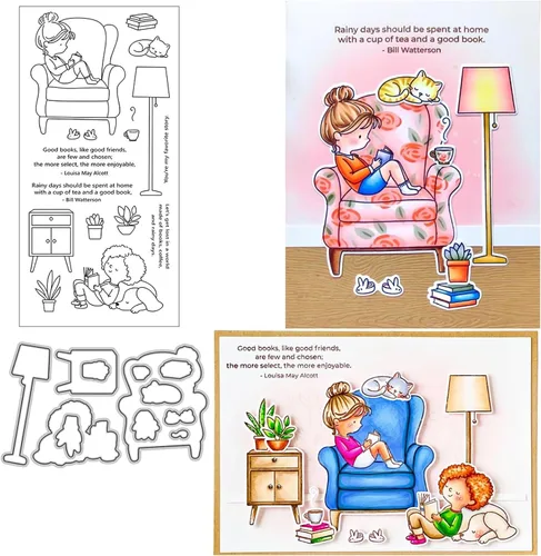 Juego de sellos y troqueles para niña con un libro en el sofá para hacer tarjetas, sellos transparentes y troqueles de corte de metal para álbumes
