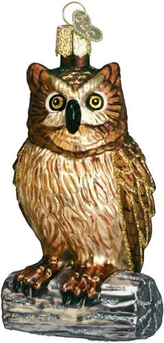 Old World Christmas Wise Old Owl - Adorno de cristal soplado para árbol de Navidad, decoración navideña hecha a mano, colección de búhos