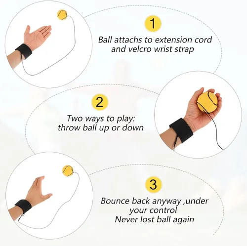 Miniatura 5 de 4 bolas de retorno de muñeca, pulsera de bola de rebote de goma de 2 pulgadas en una cuerda deportiva de muñeca, incluye baloncesto, béisbol