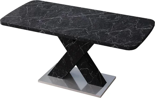 Miniatura 5 de Mesa de comedor cuadrada moderna, de 47.24 a 62.99 pulgadas de largo, elástica, con estampado de mármol negro + patas de mesa en forma de X de MDF