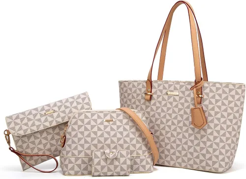 Miniatura 54 de Juego de 4 bolsas modernos para mujer de cuero sintético: bolso tote, bolso de hombro, bolso de mano y cartera.