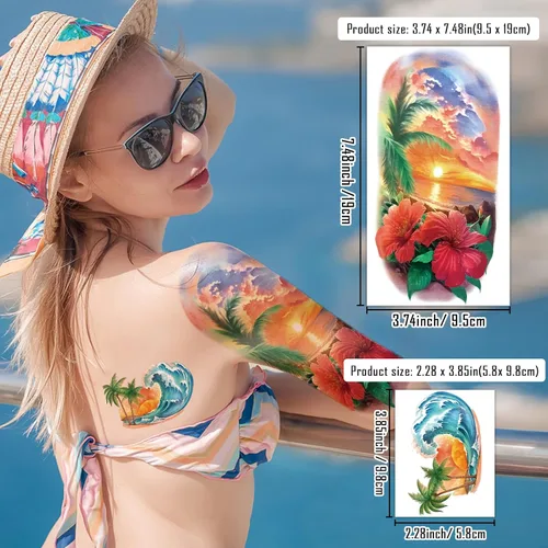 Miniatura 7 de 77 hojas de tatuajes temporales para mujeres y hombres, 17 hojas de tatuajes falsos de medio brazo de flores de playa, calaveras, atardeceres, 60