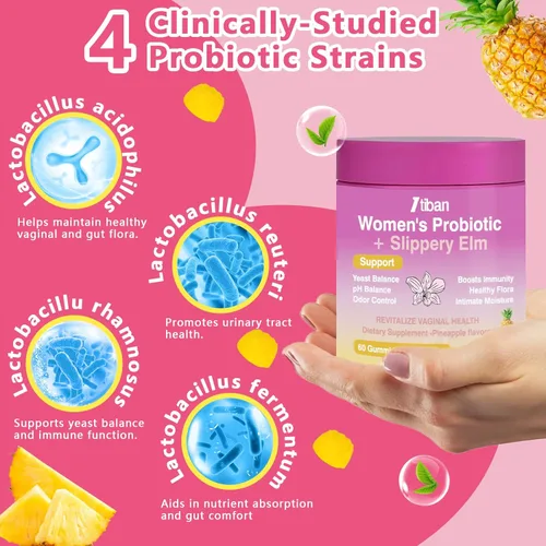 Miniatura 3 de Gomitas de probióticos vaginales femeninos, apoyan el equilibrio del pH y la salud digestiva, olmo resbaladizo para mujeres, sin suagr, veagn, sabor