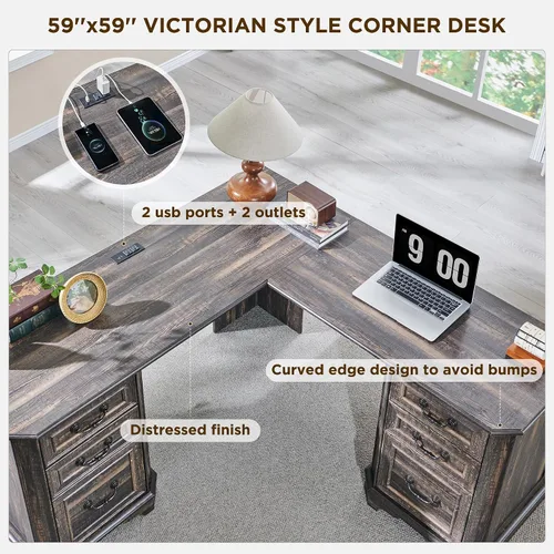 Miniatura 4 de T4TREAM - Escritorio ejecutivo en forma de L de 59 pulgadas con cajones, escritorio de computadora de madera estilo granja, con estación de carga