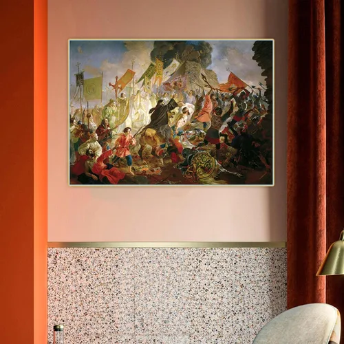 Miniatura 3 de Karl Bryullov, Impresión en lienzo, "El asedio de Pskov por el rey polaco Stefan Batory", Reproducción de cuadro famosa, Cuadro de arte de pared