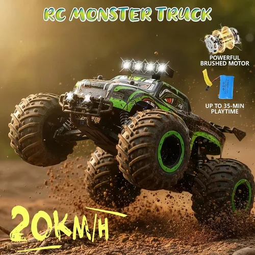 Miniatura 5 de Camión monstruo con control remoto para niños: coche RC todoterreno con faros y luces en el cuerpo, 1:18, 20 km/h, tracción a 2 ruedas, 2.4 GHz