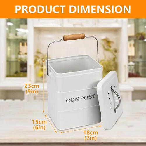 Miniatura 3 de Cubo de compostaje para encimera de cocina, cubo de compostaje para interiores, ideal para restos de comida, acero al carbono, asas, negro, 1 galón