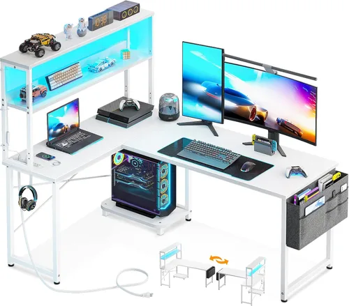 Miniatura 13 de AODK Escritorio en forma de L para juegos con luz LED y toma de corriente, mesa de computadora reversible en forma de L de 53 pulgadas con estante