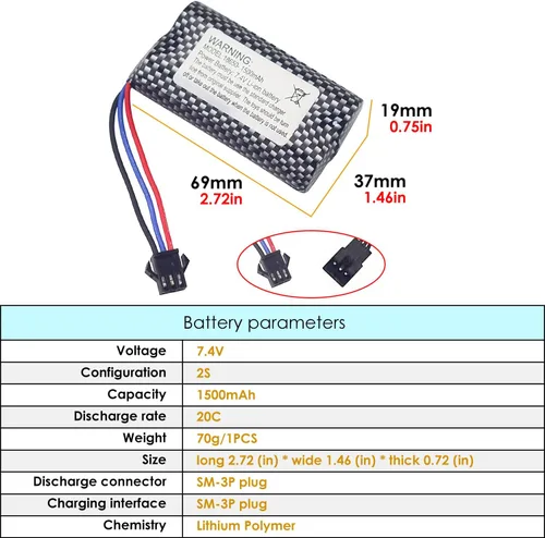 Miniatura 2 de 7.4V 1500mAh SM-3P Plug Batería de litio con cable de carga USB para DE43 DE60 RC Racing RC Car Battery 1575 Dump Truck Construcción Vehículo