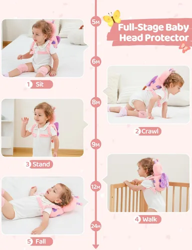 Miniatura 5 de JunNeng Mochila con protector de cabeza para bebé con almohadillas para las rodillas y calcetines antideslizantes para caminar, mariposa