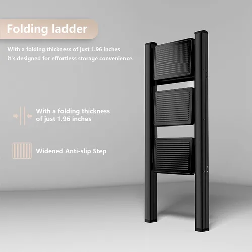 Miniatura 5 de Escalera plegable de 3 escalones, resistente taburete pequeño de 330 libras para adultos, escalera de armario con pedales anchos antideslizantes