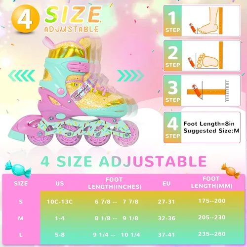 Miniatura 5 de Mammygol Patines en línea para niñas y niños, 4 tamaños ajustables para niñas de 3 a 12 años con ruedas iluminadas y protección de seguridad, regalo