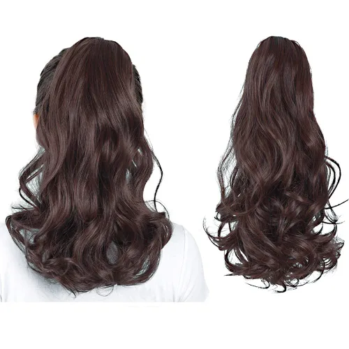 Miniatura 34 de Extensiones de cola de caballo, extensiones de cabello rizado con clip de garra de color marrón oscuro para mujer, peluca sintética de cola