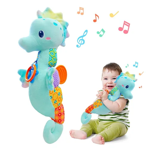 Miniatura 8 de Fuzqq Juguetes para bebé niña de 0 a 6 meses, animal de peluche musical con sonajero, juguete suave para recién nacida de 0 3 6 9 12 meses para Rosa