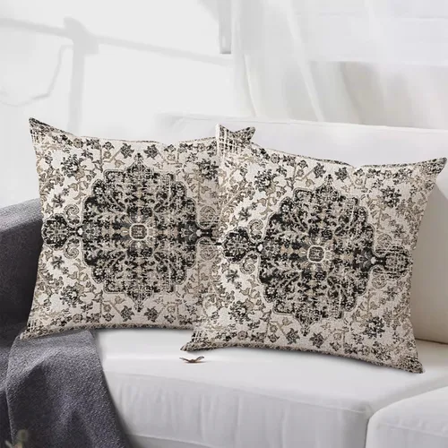 Miniatura 4 de Juego de 2 fundas de almohada impermeables para exteriores de 16 x 16 pulgadas, patrón de alfombra bohemio vintage, diseño étnico negro y gris