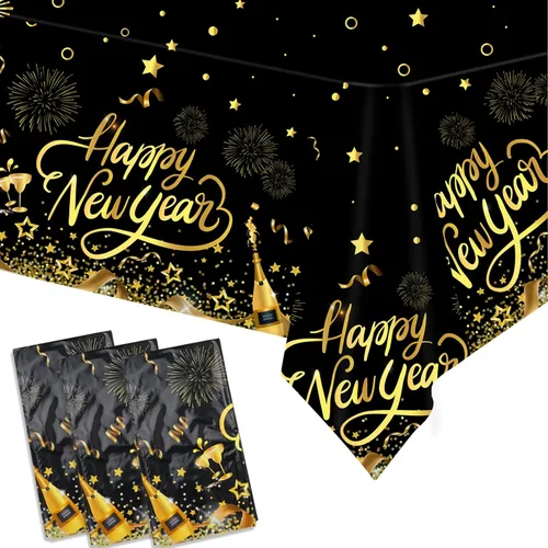 HOWAF Paquete de 3 manteles de decoración de fiesta de Año Nuevo, mantel de feliz año nuevo negro y dorado para suministros de fiesta de Noticias,