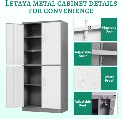 Miniatura 7 de Letaya - Armario de almacenamiento de metal con puerta con cerradura, gabinetes de acero con estantes ajustables para oficina, hogar, despensa