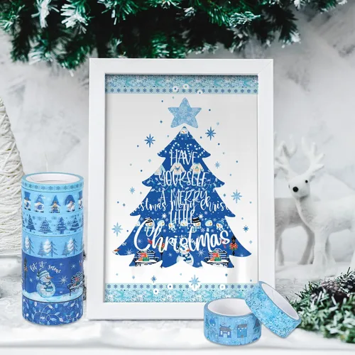 Miniatura 6 de Whaline 16 rollos de cinta Washi de invierno, 4 tamaños, cinta adhesiva Washi azul para Navidad, copo de nieve, muñeco de nieve, papel decorativo