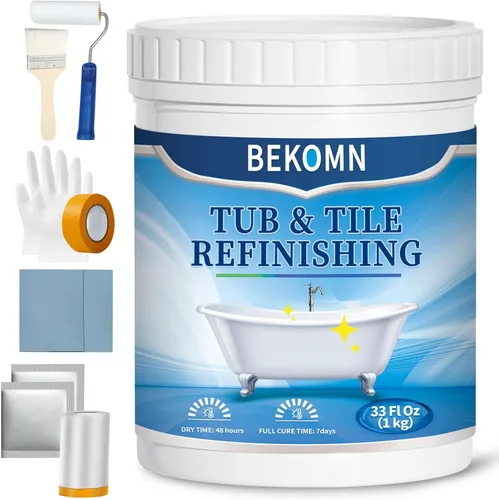 BEKOMN Pintura para Bañera, Kit de Renovación de Bañera y Azulejos 33oz con Herramientas, Pintura para Bañera Blanca a Base de Agua de Bajo Olor,