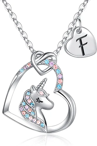 Hidepoo - Collar de unicornio para niñas, regalo para hija, collar con dije con inicial colorido de circonita con forma de corazón, para